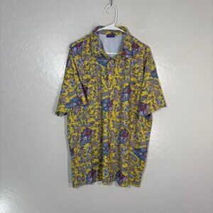 Hreski Polo Shirt Mens XL Bright Yellow Paisley Stretch Casual Short Sleeve